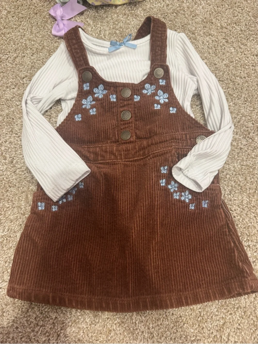 Nannette Brown Corduroy Pinafore Dress with Blue Floral Embroidery